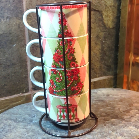 Pier 1 Imports Stacking Christmas Tree Mugs in Metal Stand - Picture 3 of 5